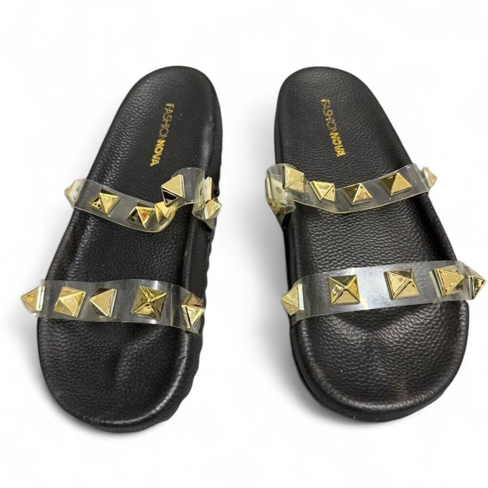 Fashion Nova Women's Black Slides Clear Straps With Gold Rhinestones Size 10